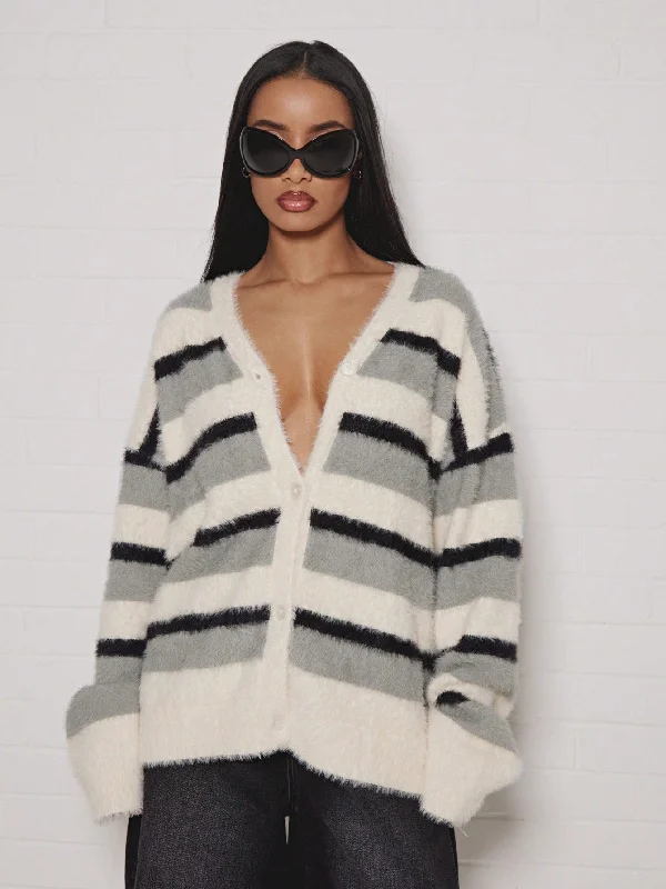 Elegant Wear SUMWON WOMEN Oversized Stripe Fluffy Knitted Cardigan