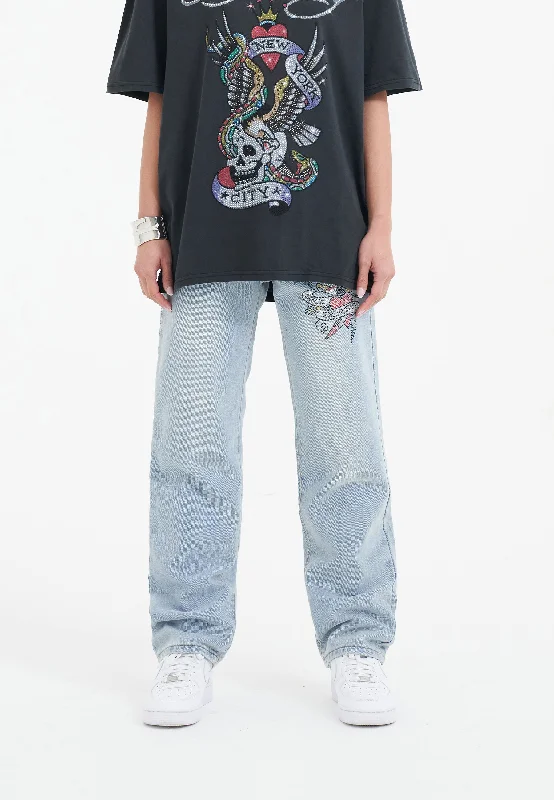 Elegant Temperament Womens True Death Diamante Straight Denim Trousers Jeans - Bleach