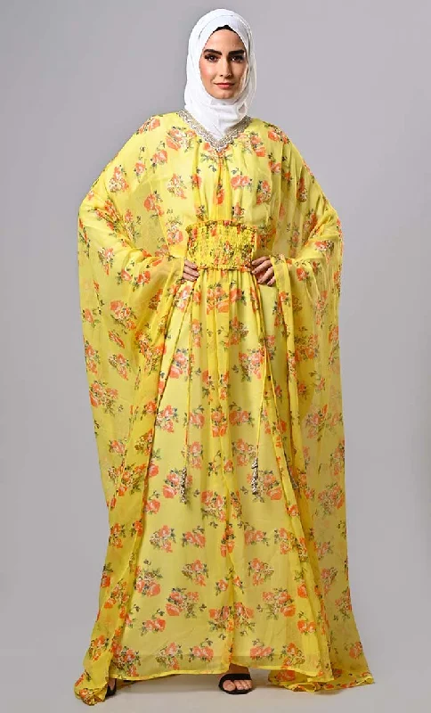 Effortless Style Modest yellow floral printed kaftan abaya with lining and tassels