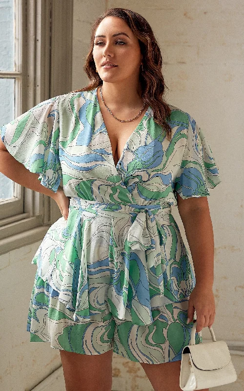 Thin Design Lynette Playsuit - Green Blue Multi Print