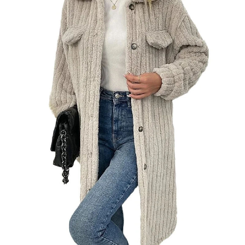 Minimal Style Women's Plush Lapel Long-sleeved Woolen Coat Top