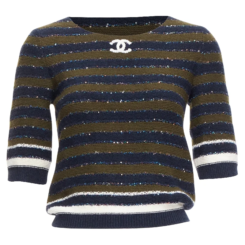 Fresh And Natural Chanel sequin cashmere blend cc logo stripe crop sweater