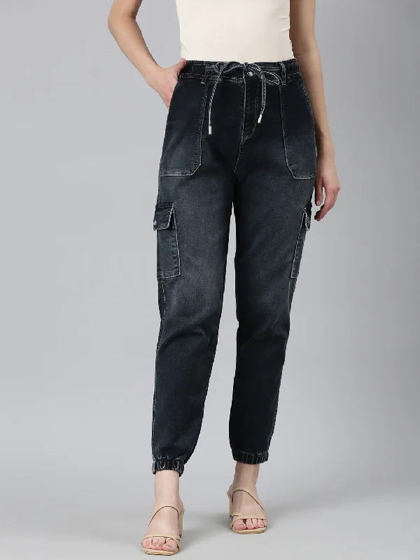 Minimal Classic Women Navy Blue Solid Jogger Denim Jeans