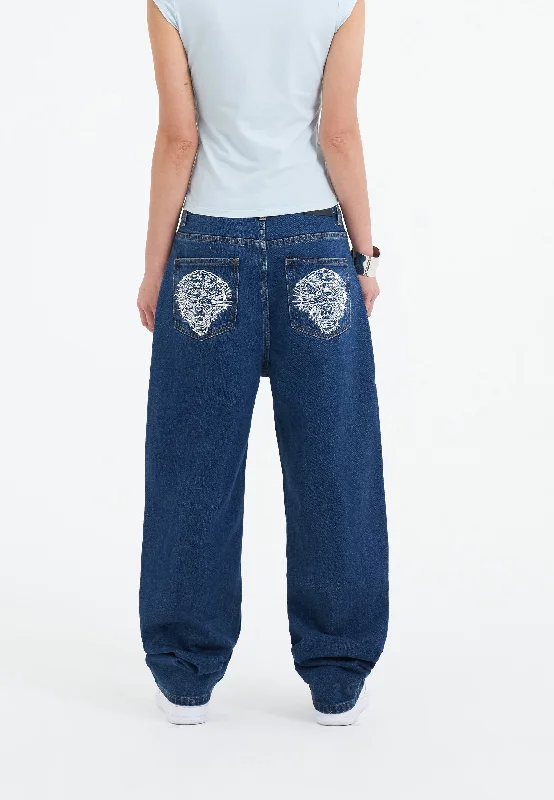 Sports Fashion Womens Crystal Roar Diamante Relaxed Denim Trousers Jeans - Indigo