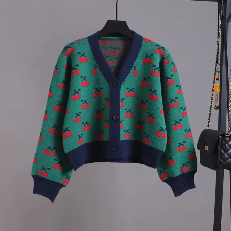 Elegant Design V-neck short knit jacket, cherry jacquard cardigan  1405
