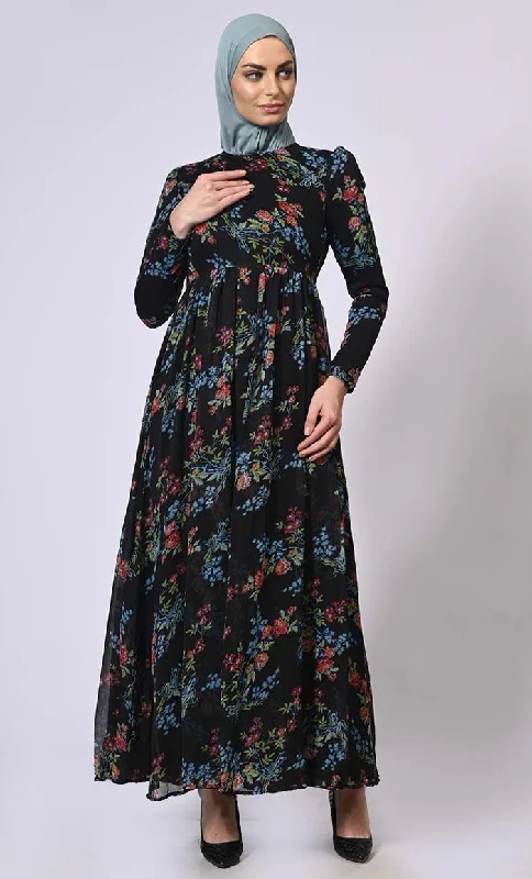 Modernism Midnight Blooms Printed Abaya with Belt and Hijab