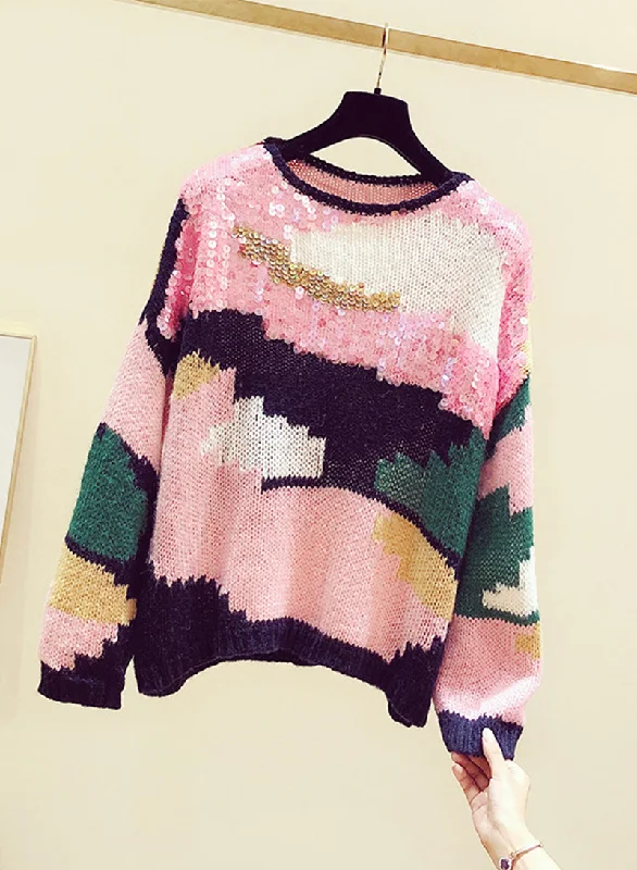 Versatile Items Cute colorful long sleeve sweater round neck sequins sweater  130