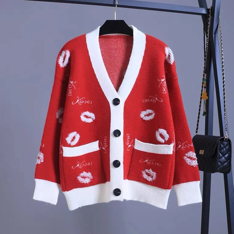 Fashionable Prints Contrast color sweater coat Cardigan, loose, V-neck, lip knit top 1403 Fashionable Prints Contrast color sweater coat Cardigan, loose, V-neck, lip knit top 1403