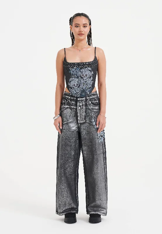 High-end Design Womens Butterfly Skull Metallic Xxtra Denim Trousers Jeans - Black