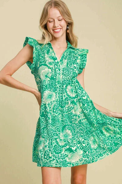 Fashion Classic Umgee Full Size Printed Ruffle Cap Sleeve Babydoll Dress Plus Size