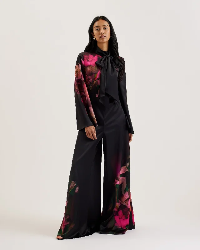 Printed Patterns Lousios Printed Wide Leg Jumpsuit With Tie Black