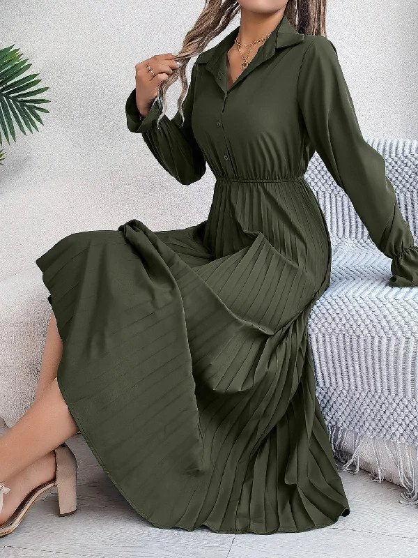 Stunning Fashion Pleated Half Button Long Sleeve Midi Dress