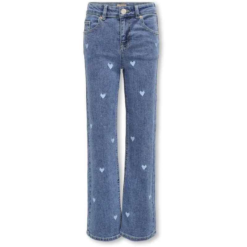 Lounge Wear kids ONLY Light Medium Blue Denim Embroidered Blue Hearts Juicy Wide Leg Heart Denim Jeans