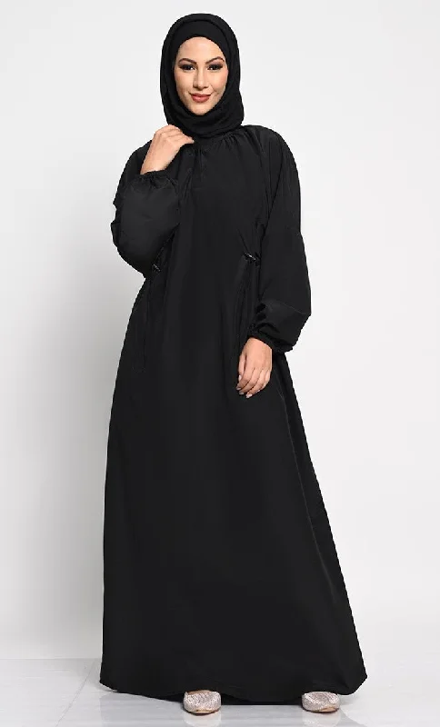 Sports Zipper Style Polyester Viscose Jersey A-Line Abaya with Bishop Sleeves and Adjustable Waist Sports Zipper Style Polyester Viscose Jersey A-Line Abaya with Bishop Sleeves and Adjustable Waist