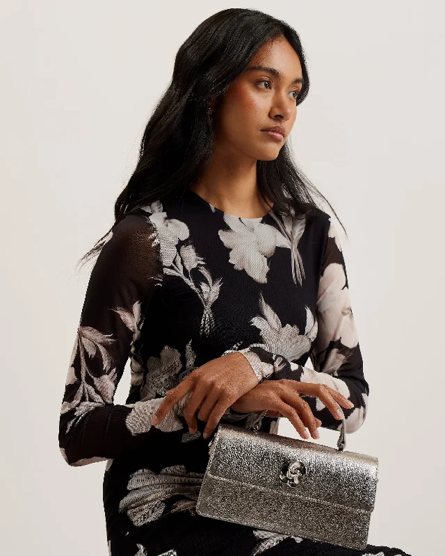 Comfy Pants Roszie Rose Detail Elongated Top Handle Bag Silver