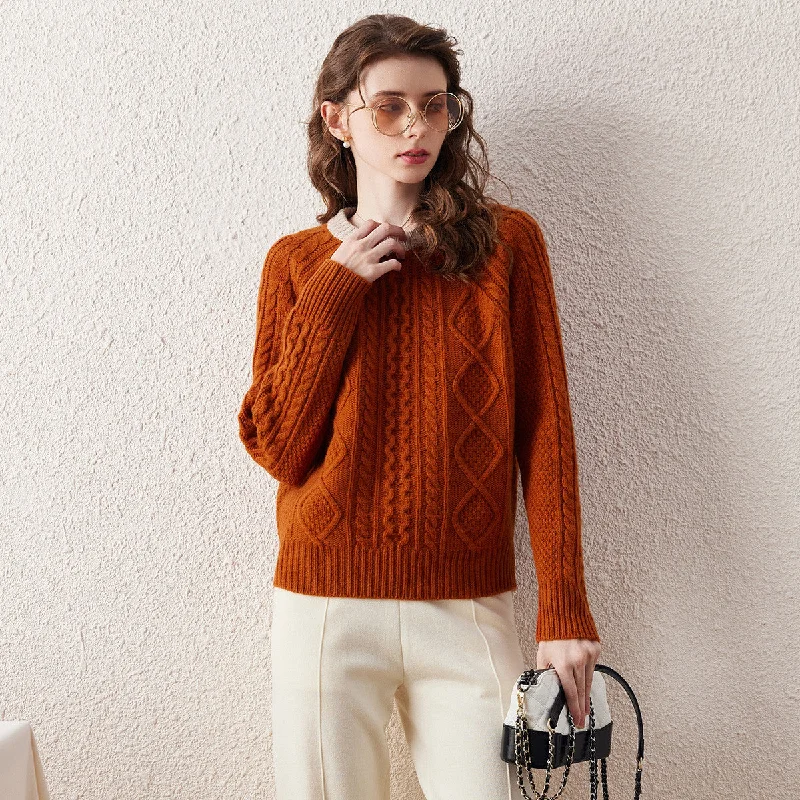 Elegant Style 100% Wool Contrast Color Cable Knit Sweater