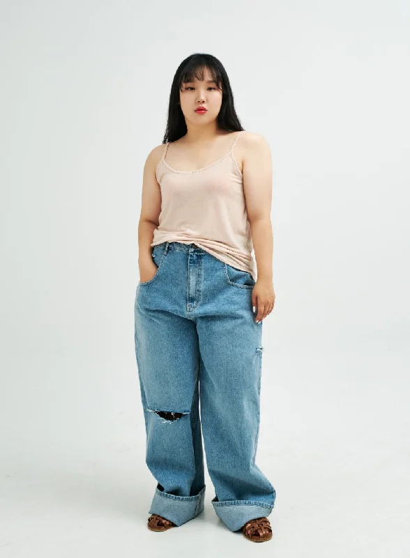 Carefree Style Plus Distressed Wide Leg Denim Pants IY24