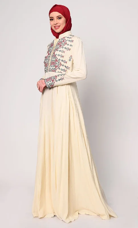 Dynamic Fashion Modern Cross Stitch Embroidered Cream Abaya with Pockets