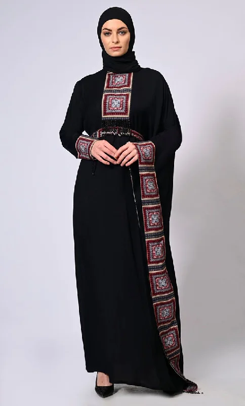 Relaxed Chic Stylish Semi Black  Kaftan with Printed Panels and Tassel Details
