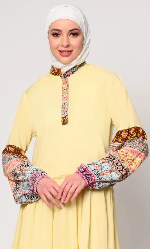Cozy Dress Mystic Bloom: Printed Yellow Abaya with Low Waist Gathers and Pockets