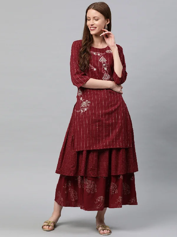 Outdoor Trend Neeru's Maroon Embroidered Flared Double Layered Kurta