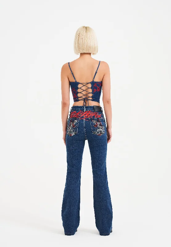 Elegant Wear Womens Crystal Koi Flared Denim Trousers Jeans - Indigo