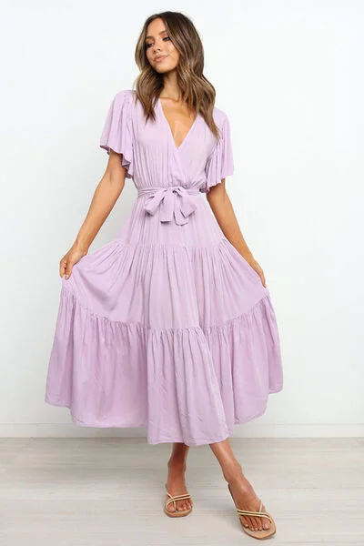 Tropical Style Tied Back Tiered Short Sleeve Midi Dress