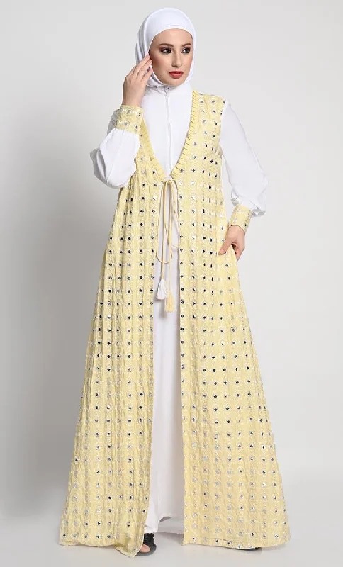 Chic Lounge Elegant Rayon Double-Layer Abaya with Embroidered Details and Tassel Accents