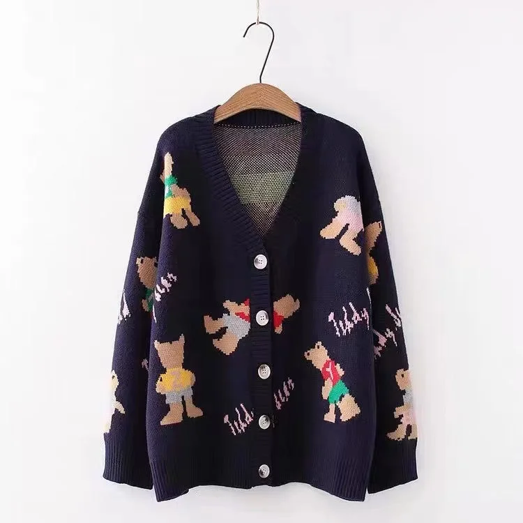 High Street Style Vintage, loose, preppy sweaters, printed cardigans  1410