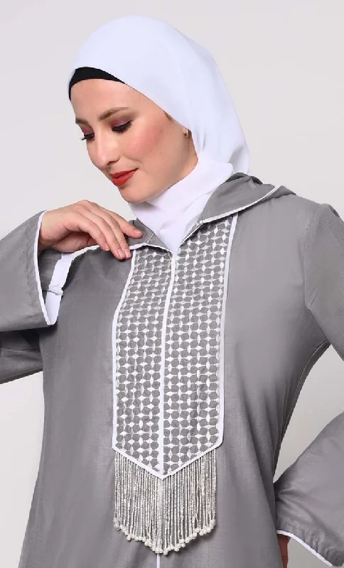 High-quality Fabrics Tassel-Adorned Grey Hoodie Abaya with Pockets