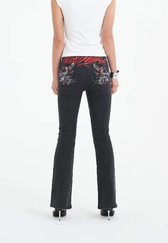 Classic Color Womens Crystal Koi Flared Denim Trousers Jeans - Black