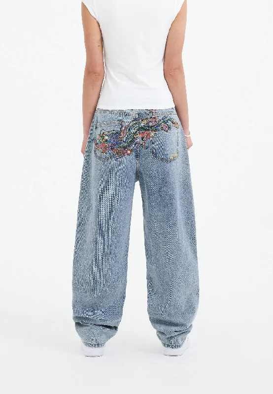 Practical Style Womens Crystal Crawler Diamante Relaxed Denim Trousers Jeans - Bleach