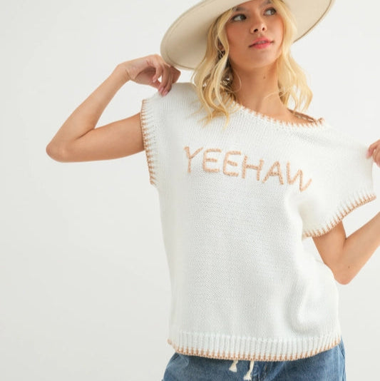 Leisure Sports Women's "Yeehaw" Wordy Contrast Sweater in Cream