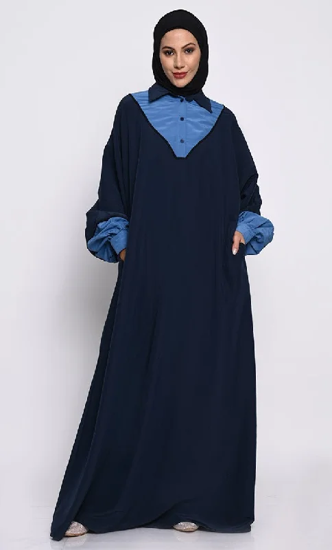 Independent design Kashibo Abaya with Batwing Sleeves and Contrast Satin Cuffs