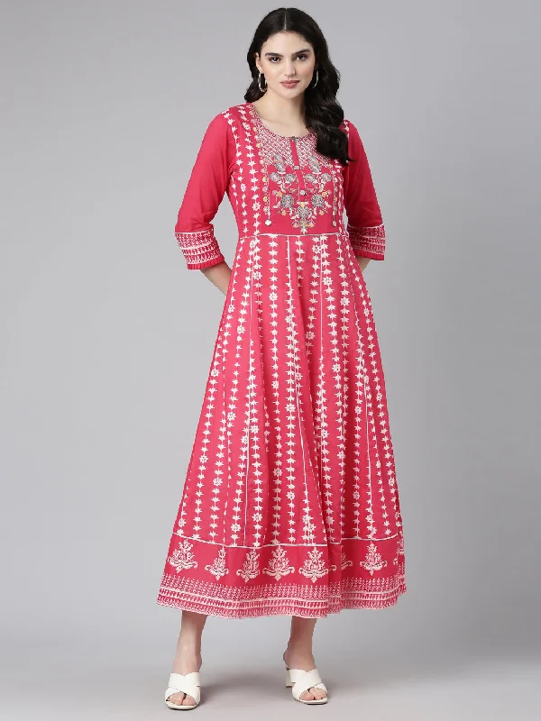 Advanced Customization Neeru's Pink Straight Casual Embroidered Dress