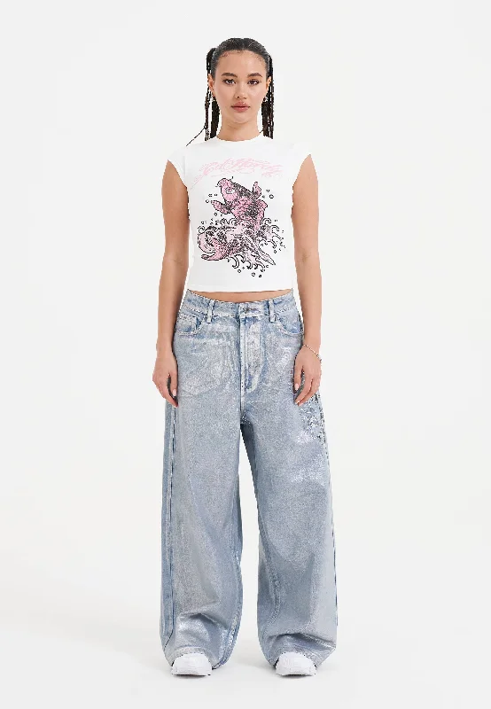 Unique Design Womens Butterfly Skull Metallic Xxtra Denim Trousers Jeans - Bleach