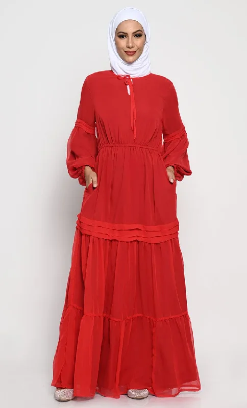 Relaxed Dresses Chic Georgette Layered Abaya with Pintex Bishop Sleeves and Crepe Lining Relaxed Dresses Chic Georgette Layered Abaya with Pintex Bishop Sleeves and Crepe Lining