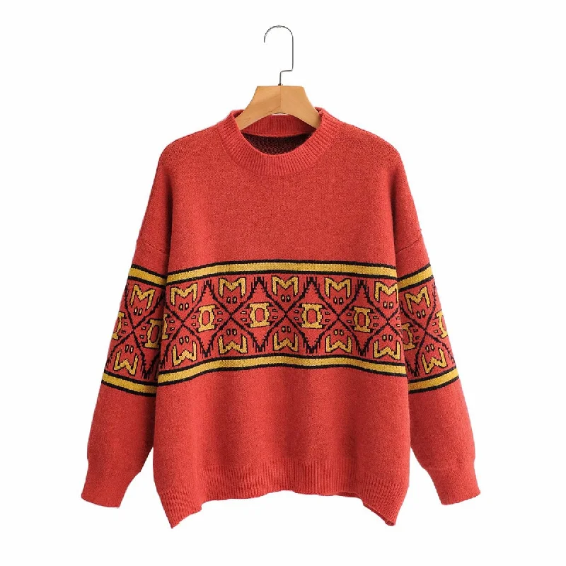 Warm Wear Women's pullover knitwear vintage art jacquard loose sweater  1345