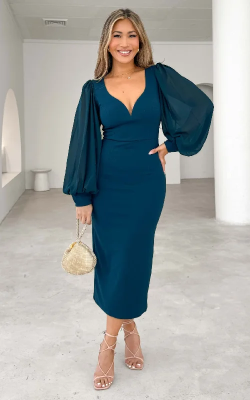 Retro Prints Tammy Long Sleeve Midi Dress - Midnight Blue