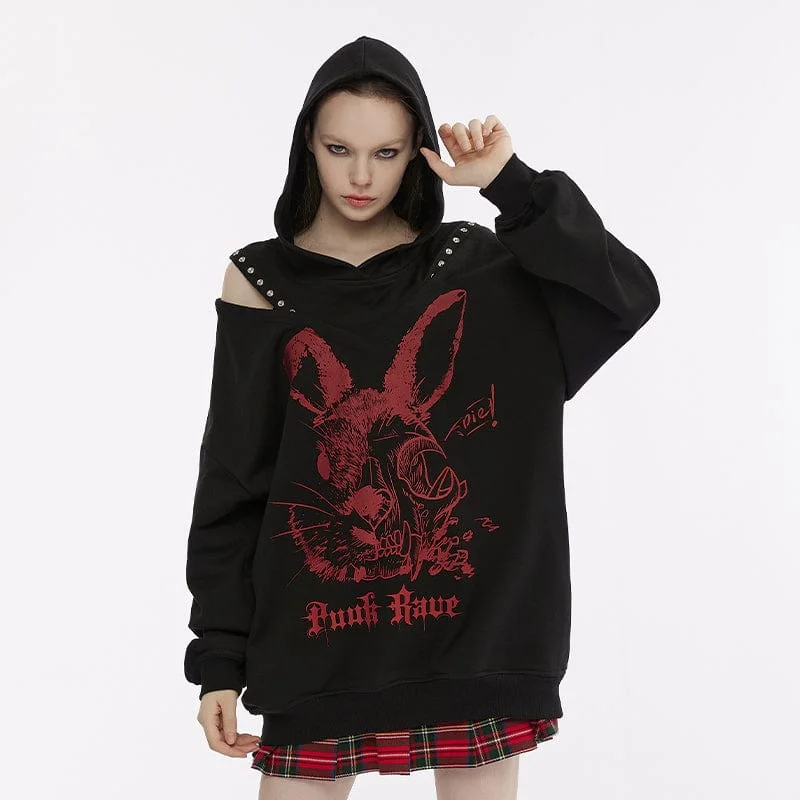Soft Layers Women's Punk Off Shoulder Rabbit Printed Hoodie