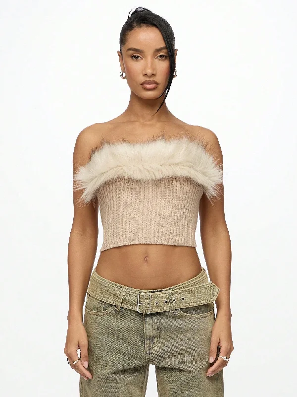 Trendy Items SUMWON WOMEN Fur Trim Bandeau Knitted Crop Top