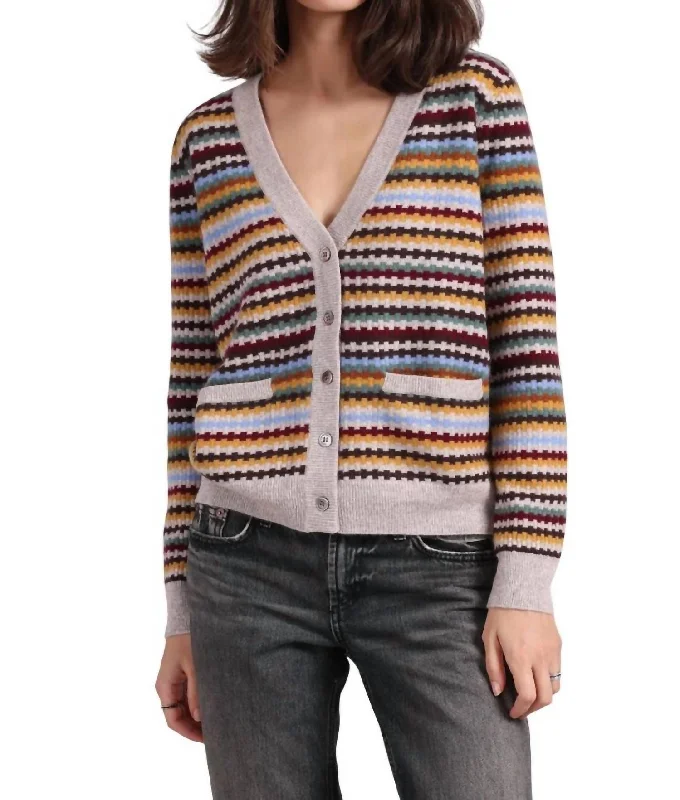 Trends Cashmere Textured Stripe V Neck Cardigan In Multi Combo