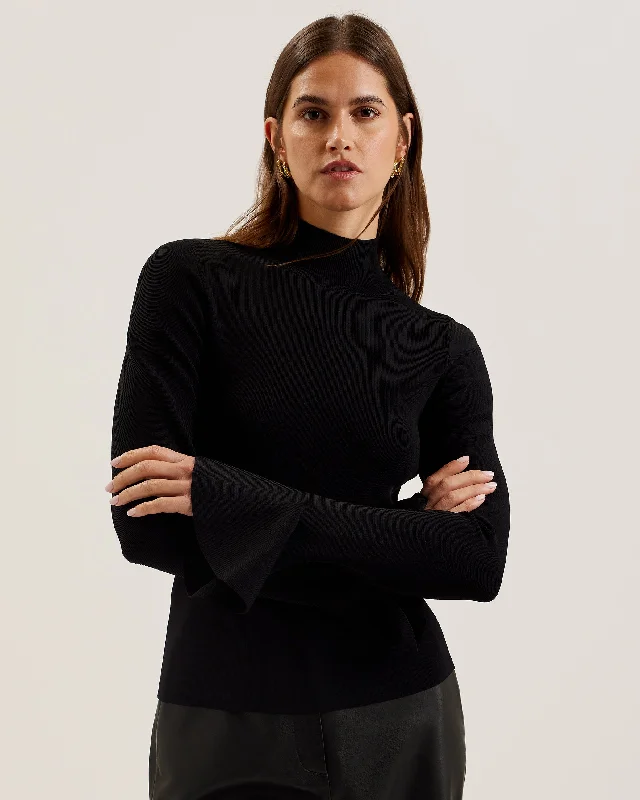 Fashionable Items Laynha High Neck Knitted Frill Sleeve Top Black