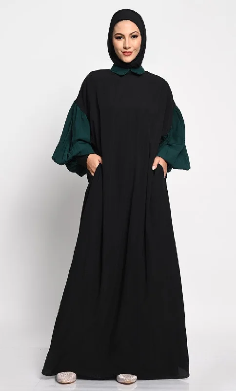 Stand-up collar design A-Line Nida Fabric Abaya with Off-Shoulder Design and Contrast Gathered Sleeves Stand-up collar design A-Line Nida Fabric Abaya with Off-Shoulder Design and Contrast Gathered Sleeves