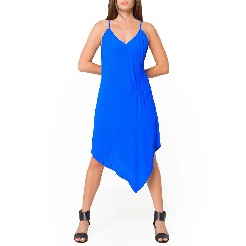 Fashionable sports Women's Solid Asymmetrical Hem V-neck Dress in Blue