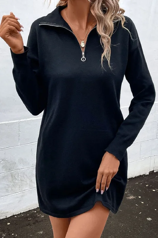 Sports Vitality Style Quarter-Zip Dropped Shoulder Knit Dress