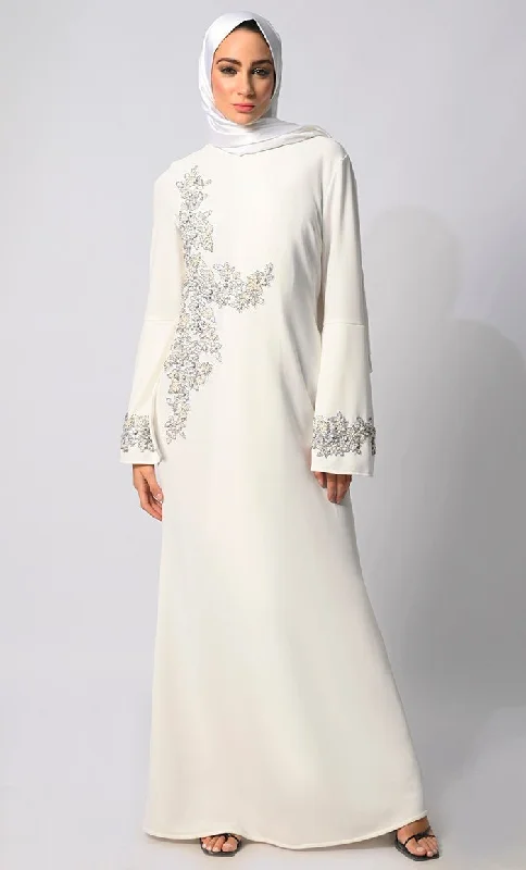 Creative Prints Pearls of Elegance: Stone Handwork White Abaya with Belt and Hijab