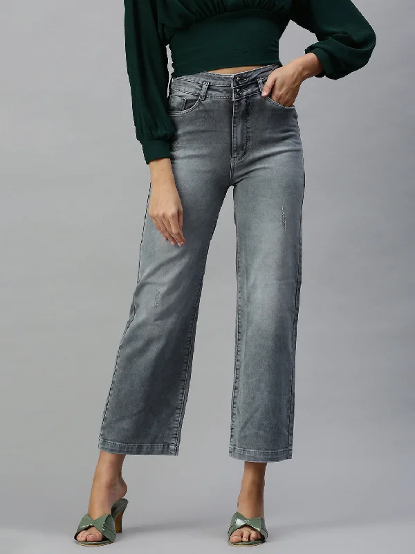 Minimal Comfort Women's Grey Solid Wide Leg Denim Jeans