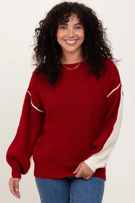 Floral Prints Burgundy Ivory Colorblock Oversized Sweater
