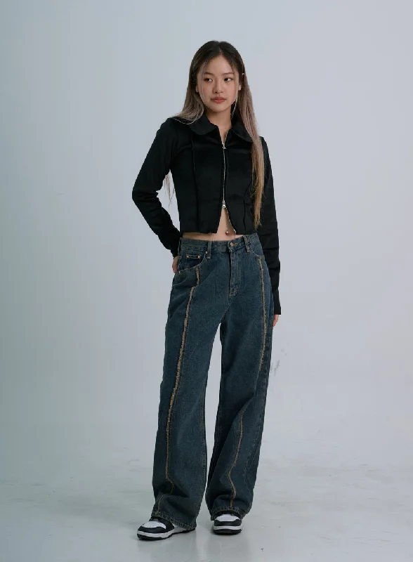 Weekend Style Retro Stitching Wide Denim Pants CO21